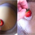 Coco-fraises - Faire tremper les 2/3 d’une fraise dans le lait concentré, puis dans la noix de coco râpée.