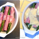 Gratin d'asperges au jambon - Dans un plat à gratin disposer les asperges en alternant le sens de la tète et verser le mélange dessus.