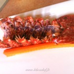 Salade de homard rôti, vieilles tomates et mozzarella - disposer parallèlement 2 bâtonnets de carottes en les espaçant suffisamment pour fixer la carapace dorsale en bateau.