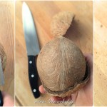Ananas meringué et ses fruits exotiques - Une fois vidée, la coque de la noix est possible l’ouvrir à l'aide d'un marteau ou avec le dos de la lame d'un couteau éminceur.
