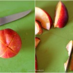 Tarte aux nectarines et perles de groseilles blanches - Couper les nectarines avec la pelure en huit quartiers.